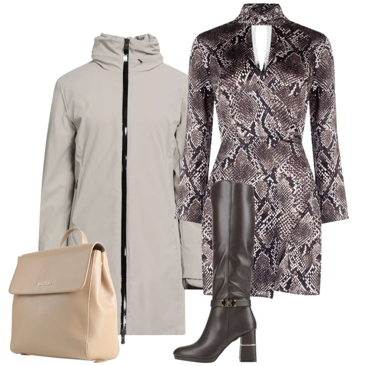 Outfit donna - Total chic. Stile Chic per Ufficio. Abbinamento con parka, stivali, zaini, vestiti corti.