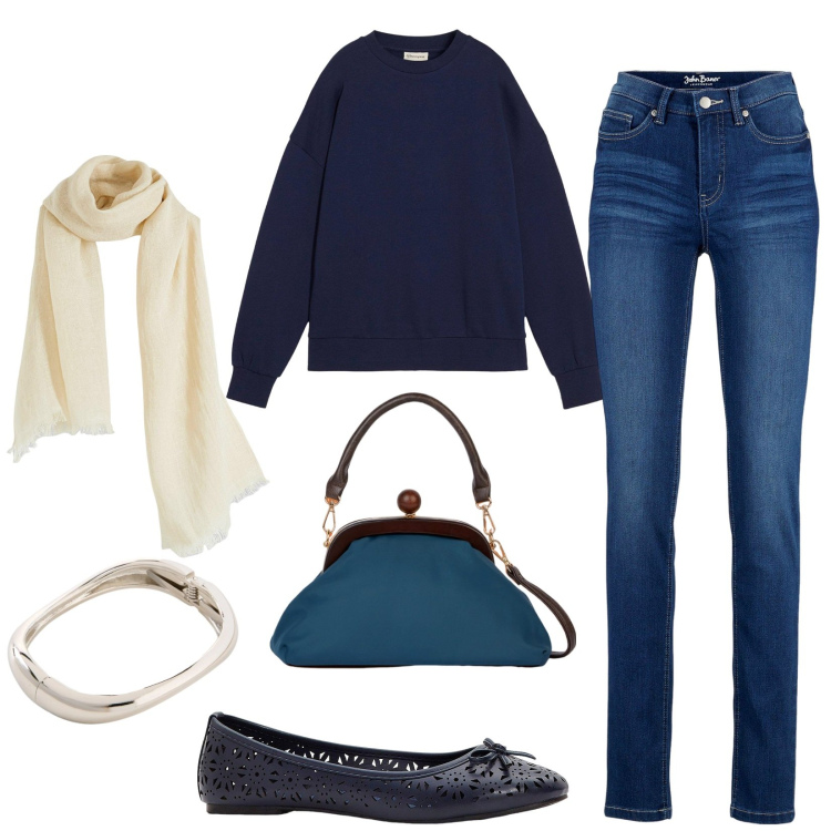 Outfit donna - Total look #2328780. Stile Casual chic per Tutti i giorni. Abbinamento con jeans, ballerine, sciarpe, braccialetti, felpe, clutch.