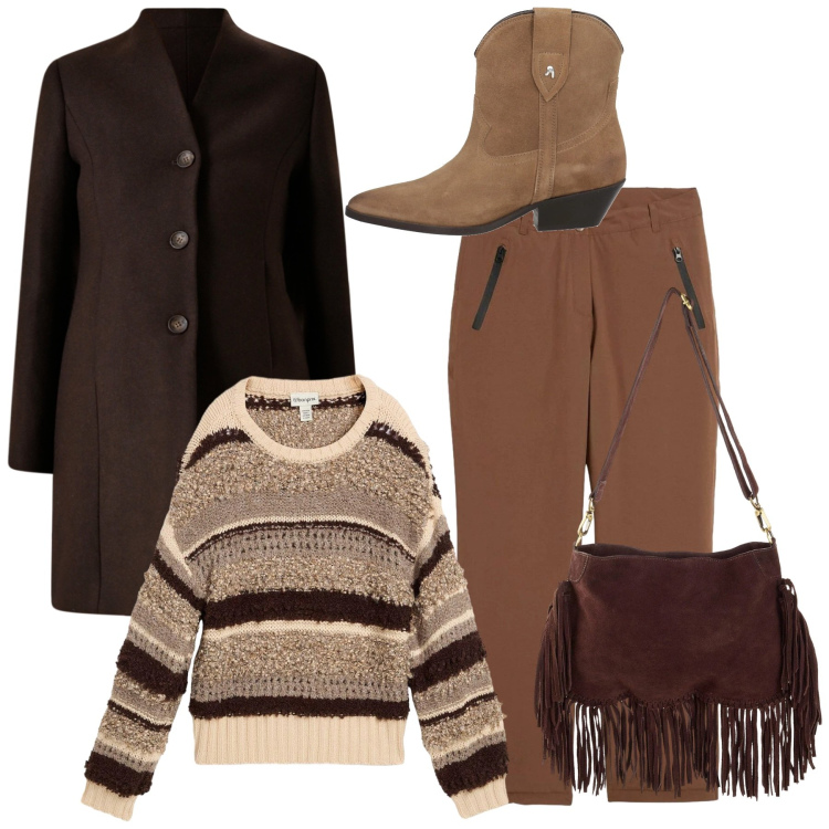 Outfit donna - Total brown. Stile Casual per Tutti i giorni. Abbinamento con maglieria, borse a tracolla, pantaloni, stivaletti texani, cappotti.