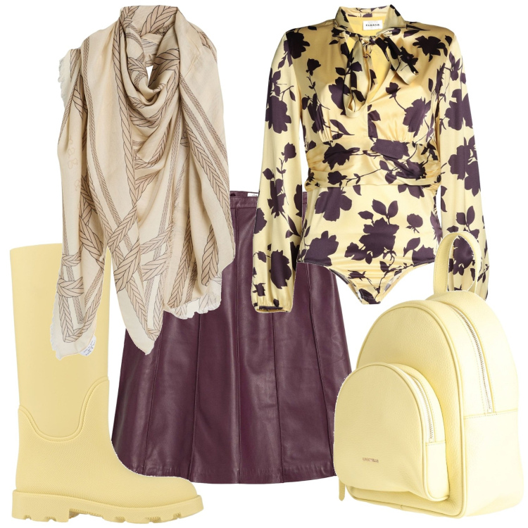 Outfit donna - Pomeriggio funny. Stile Trendy per Tutti i giorni. Abbinamento con gonne, sciarpe, body, stivali di gomma, zaini.