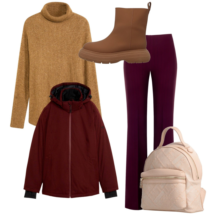 Outfit donna - Total look. Stile Casual per Tutti i giorni. Abbinamento con blazer, maglieria, zaini, stivaletti, pantaloni.