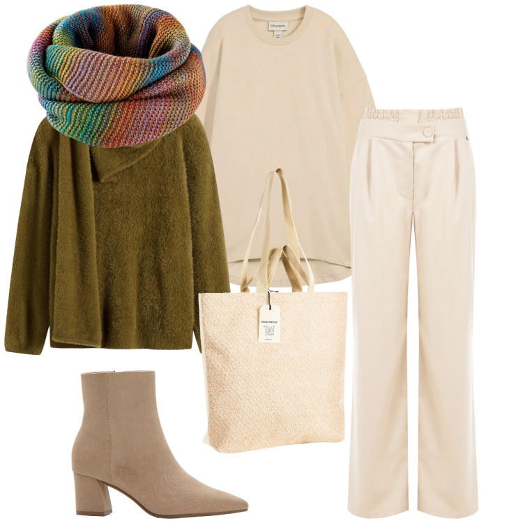 Outfit donna - Total look #2328792. Stile Casual chic per Tutti i giorni. Abbinamento con felpe, foulard, stivaletti, maglieria, borse tote, pantaloni a palazzo.