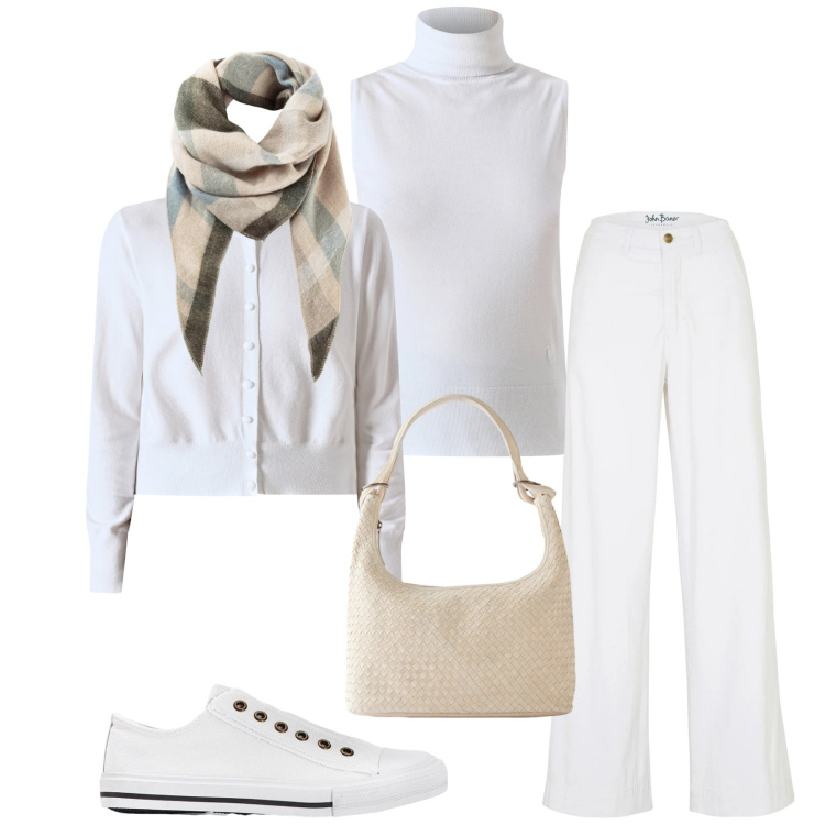 Outfit donna - Total look #2328803. Stile Casual chic per Tutti i giorni. Abbinamento con sciarpe, jeans, sneakers, shopping bag, cardigans, maglieria.