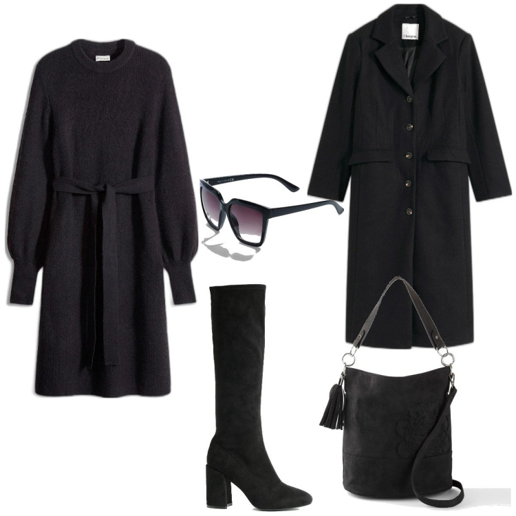 Outfit femme - Hiver ensoleillé. Style Basique pour Tous les jours. Assortir avec robes, manteaux, sacs à main, lunettes de soleil, bottes.