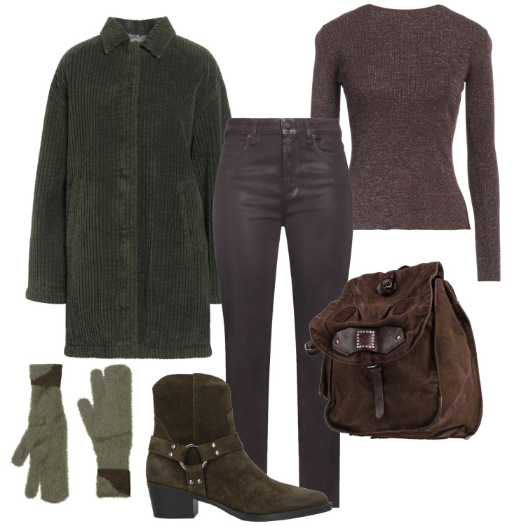 Outfit donna - Il cappotto in velluto. Stile Urban per Tutti i giorni. Abbinamento con jeans, stivaletti texani, pullovers, zaini, cappotti, guanti.