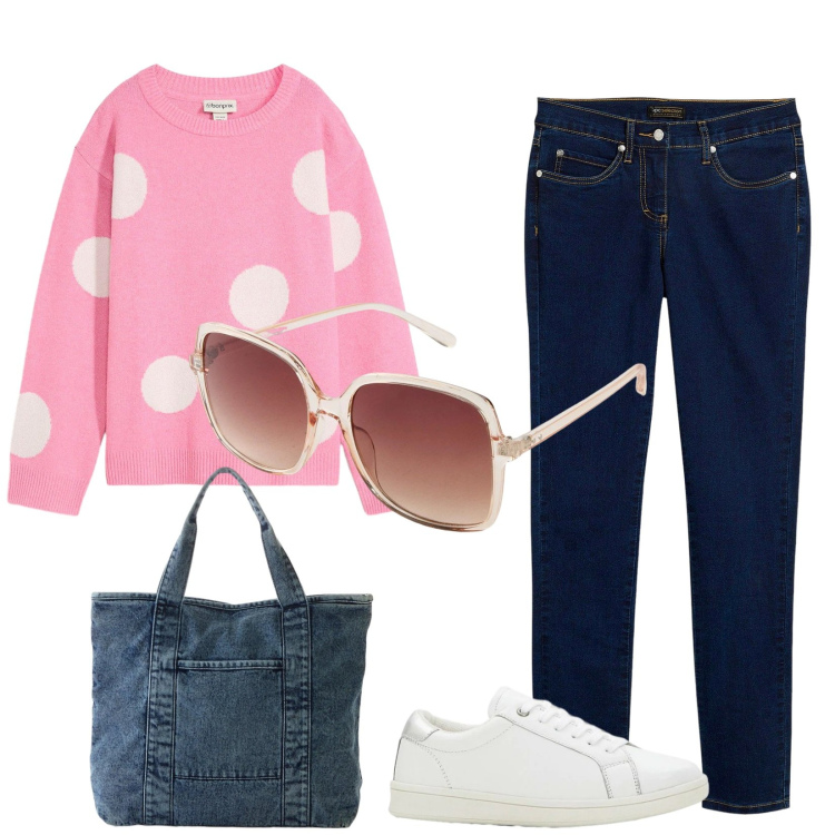 Outfit donna - Total look #2328843. Stile Casual per Tutti i giorni. Abbinamento con maglieria, jeans slim fit, sneakers, occhiali da sole, shopping bag.