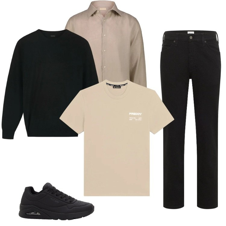 Outfit uomo - Total look #2328867. Stile Trendy per Ufficio. Abbinamento con sneakers, jeans dritti, t-shirt sportive, camicie, pullovers.