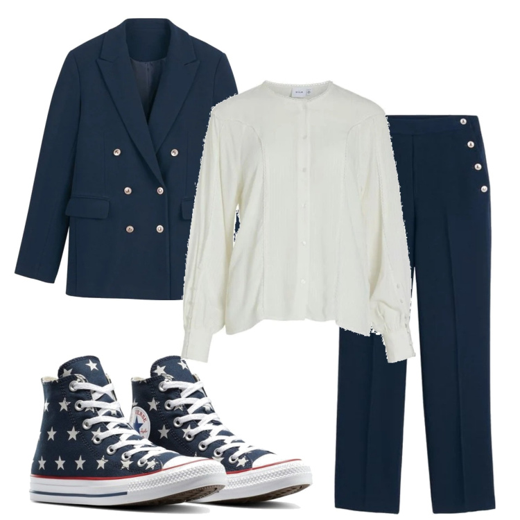 Outfit mujer - Casual chic #1181. Estilo Casual chic para Oficina. Combinación con blazers, blusas, pantalones, sneakers.