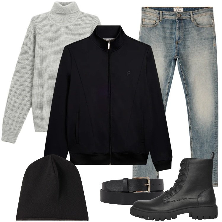 Outfit uomo - Total look #2328882. Stile Trendy per Tutti i giorni. Abbinamento con anfibi, jeans skinny, berretti, maglieria, bomber, cinture.