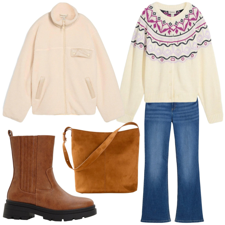 Outfit donna - Col cardigan norvegese. Stile Casual per Tutti i giorni. Abbinamento con stivaletti chelsea, caban, cardigans, jeans bootcut, borse a mano.