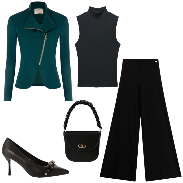 Outfit donna - Total look #2328911. Stile Chic per Serata fuori. Abbinamento con pantaloni a palazzo, décolleté, top, borse a mano, blazer.