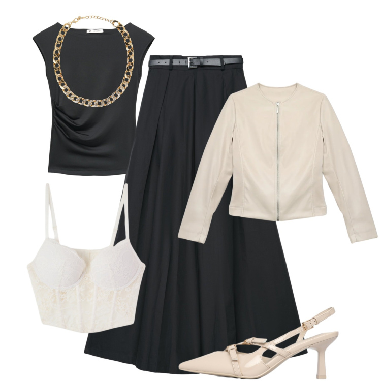 Outfit donna - Terranova in love. Stile Casual chic per Serata fuori. Abbinamento con pantaloni, top, giacche, décolleté, bralette, collane.