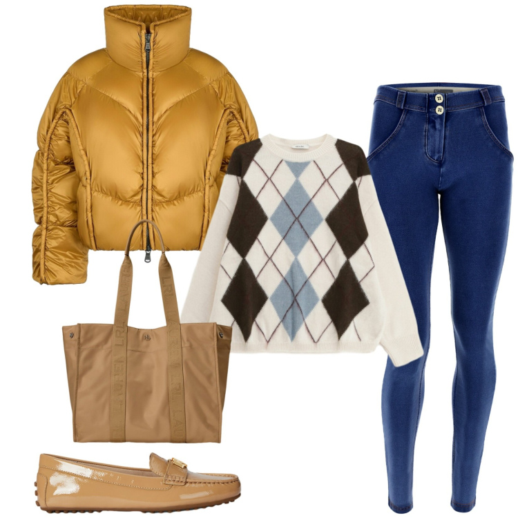 Outfit donna - Total look #2328916. Stile Casual per Tutti i giorni. Abbinamento con maglieria, jeggings, borse tote, mocassini, piumini.