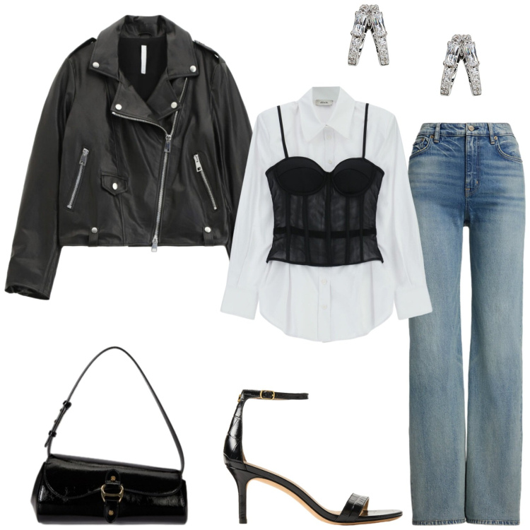 Outfit donna - Total look #2328917. Stile Glamour per Serata fuori. Abbinamento con giacche, camicie, orecchini, jeans, borse a spalla, sandali in pelle.