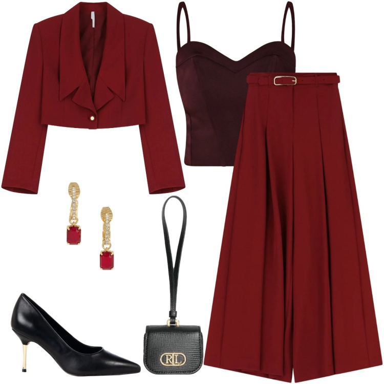 Outfit donna - Burgundi love. Stile Chic per Serata fuori. Abbinamento con top, décolleté, blazer, pantaloni, orecchini, pochette.