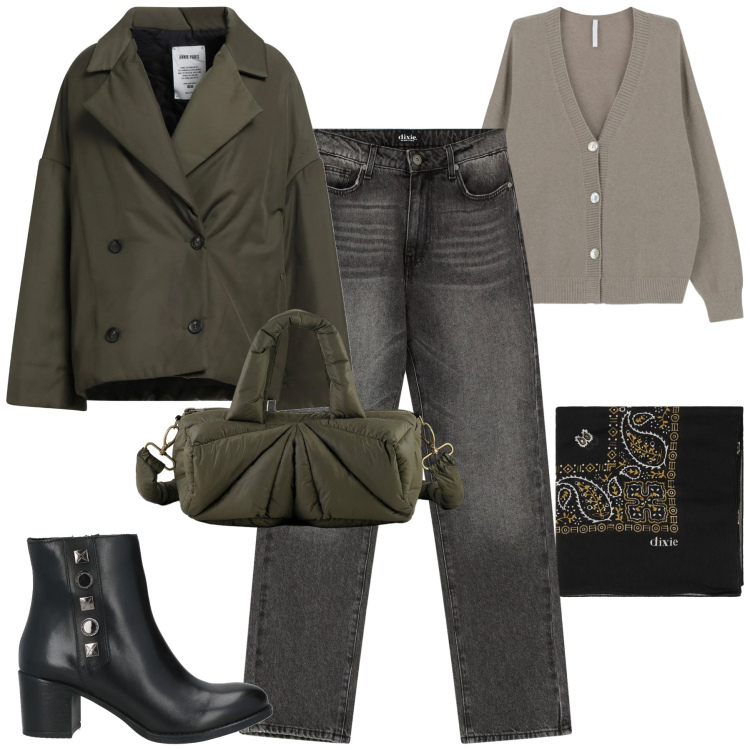 Outfit donna - City. Stile Casual chic per Tutti i giorni. Abbinamento con caban, stivaletti, cardigans, jeans dritti, foulard, borse a mano.