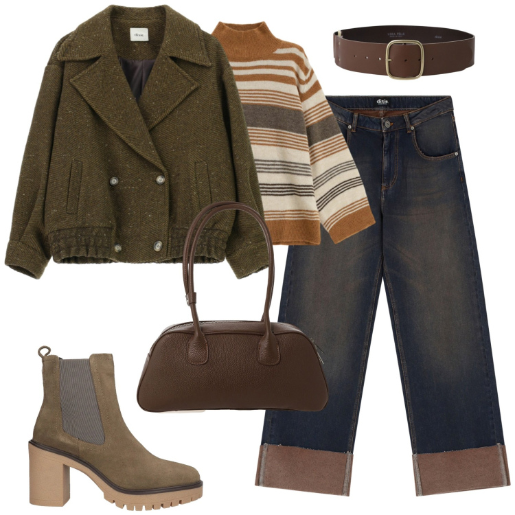 Outfit donna - Febbraio. Stile Casual per Tutti i giorni. Abbinamento con stivaletti chelsea, cappotti, cinture, jeans, borse a mano, maglieria.