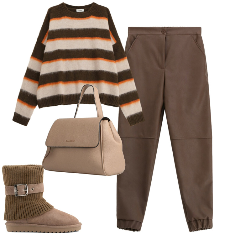 Outfit donna - Febbraio. Stile Casual chic per Tutti i giorni. Abbinamento con zaini, pantaloni, maglieria, stivaletti.