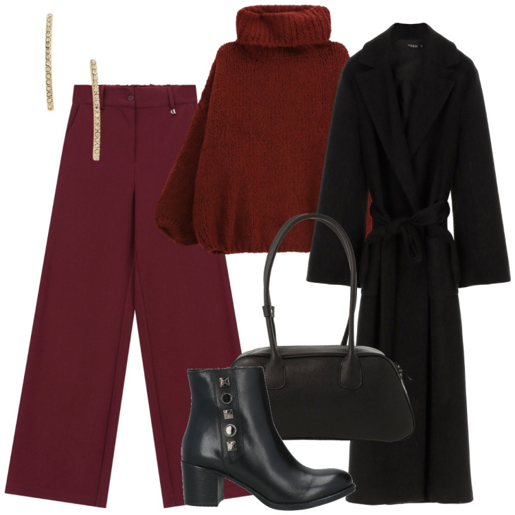 Outfit donna - Burgundi love. Stile Casual chic per Serata fuori. Abbinamento con stivaletti, pantaloni a palazzo, borse a mano, maglieria, cappotti, orecchini.