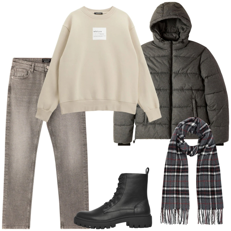 Outfit uomo - February. Stile Casual per Tutti i giorni. Abbinamento con anfibi, jeans, bomber, felpe, sciarpe.