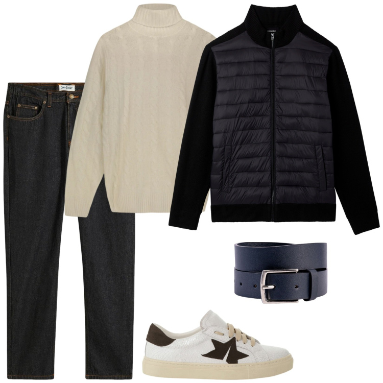 Outfit uomo - My boy. Stile Casual per Tutti i giorni. Abbinamento con jeans dritti, piumini, sneakers, cinture, maglieria.