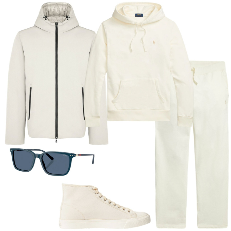 Outfit uomo - Passeggiata in bianco. Stile Casual per Tutti i giorni. Abbinamento con sneakers, felpe con cappuccio, occhiali da sole, pantaloni, parka.