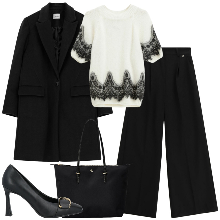 Outfit donna - City. Stile Urban per Tutti i giorni. Abbinamento con décolleté, maglieria, cappotti, pantaloni a palazzo, borse tote.