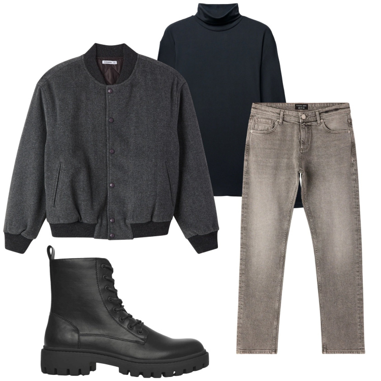 Outfit uomo - Total look #2328949. Stile Casual per Tutti i giorni. Abbinamento con anfibi, jeans, bomber, t-shirt.