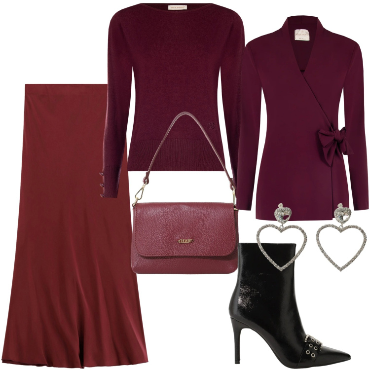 Outfit donna - Burgundy love. Stile Romantica per Serata fuori. Abbinamento con stivaletti, gonne lunghe, orecchini, borse a tracolla, pullovers, blazer.