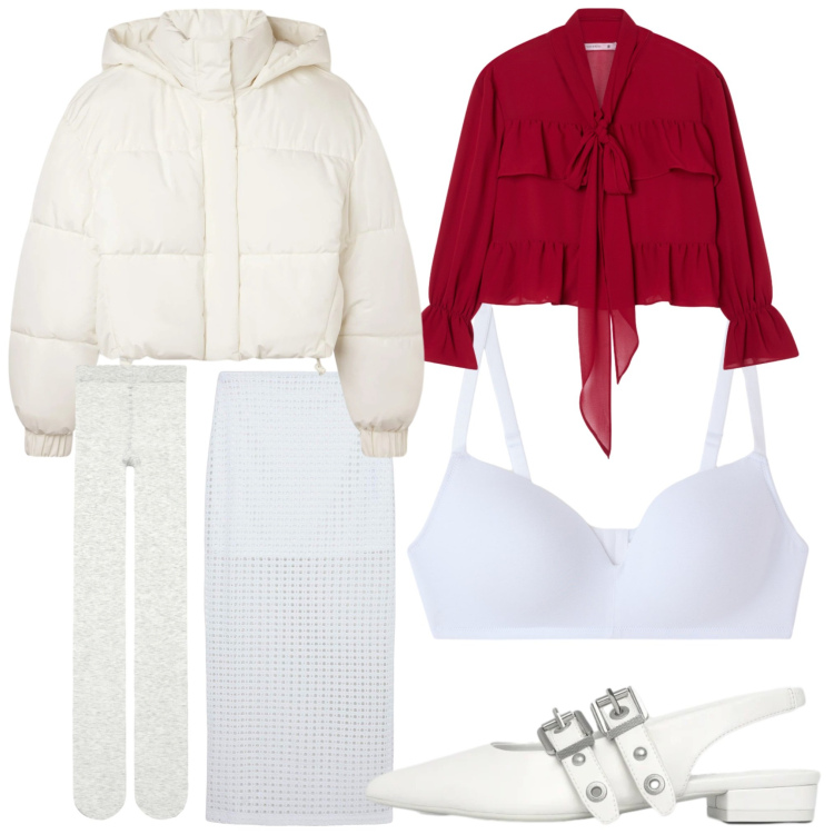 Outfit donna - Gioco di bianco. Stile Casual chic per Serata fuori. Abbinamento con gonne lunghe, camicie, ballerine, reggiseni, collant, bomber.