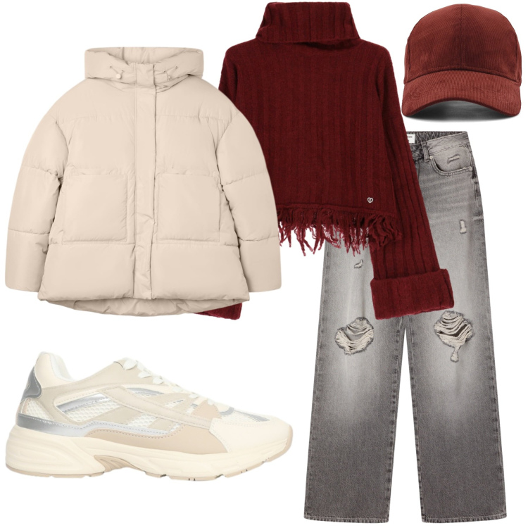Outfit donna - Borgogna Neutra Urbana. Stile Urban per Tutti i giorni. Abbinamento con jeans strappati, bomber, sneakers, maglieria, occhiali da sole, cappelli con visiera.