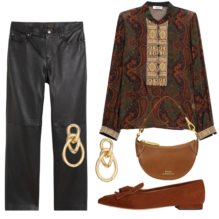 Outfit donna - Chic originale. Stile Casual chic per Tutti i giorni. Abbinamento con pantaloni, camicie, borse a tracolla, ballerine, orecchini.