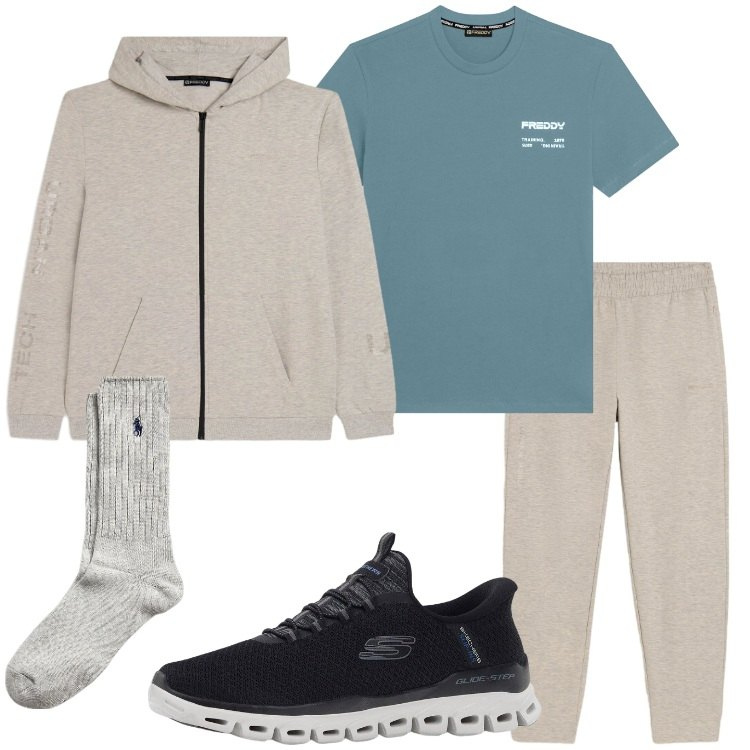 Outfit uomo - Sport. Stile Casual per Sport. Abbinamento con sneakers, t-shirt sportive, pantaloni, felpe con cappuccio, calzini.
