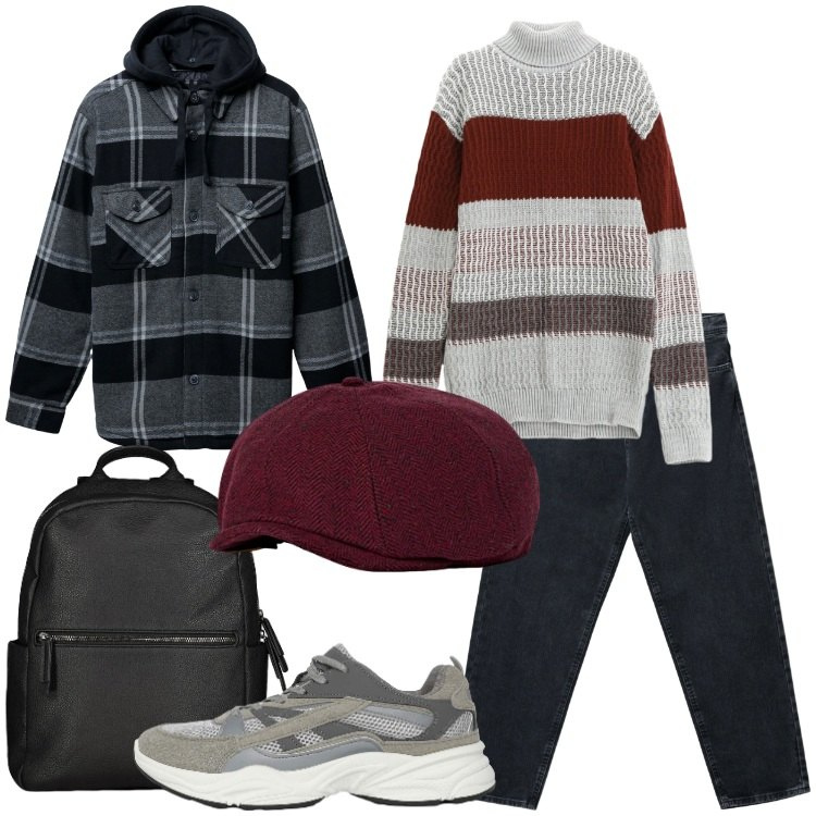 Outfit uomo - In facoltà. Stile Urban per Tutti i giorni. Abbinamento con sneakers, jeans, giacche, maglieria, borse sportive, cappelli con visiera.