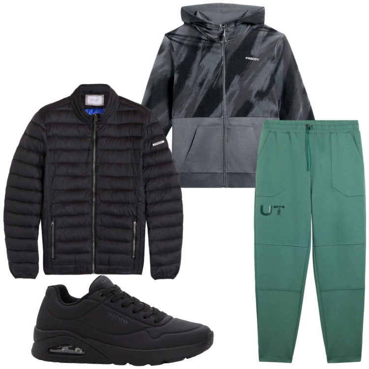 Outfit uomo - Sportivo. Stile Urban per Tutti i giorni. Abbinamento con sneakers, felpe con cappuccio, pantaloni, piumini.