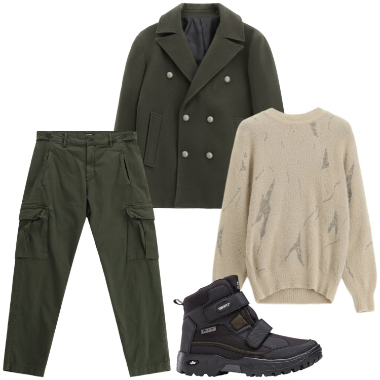 Outfit uomo - Casual. Stile Casual per Tutti i giorni. Abbinamento con stivali e stivaletti, cappotti, pantaloni cargo, maglieria.
