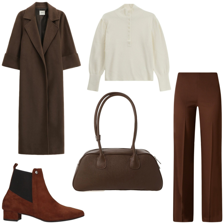 Outfit donna - Fashion style. Stile Casual chic per Tutti i giorni. Abbinamento con stivaletti chelsea, maglieria, cappotti, borse a mano, pantaloni a palazzo.