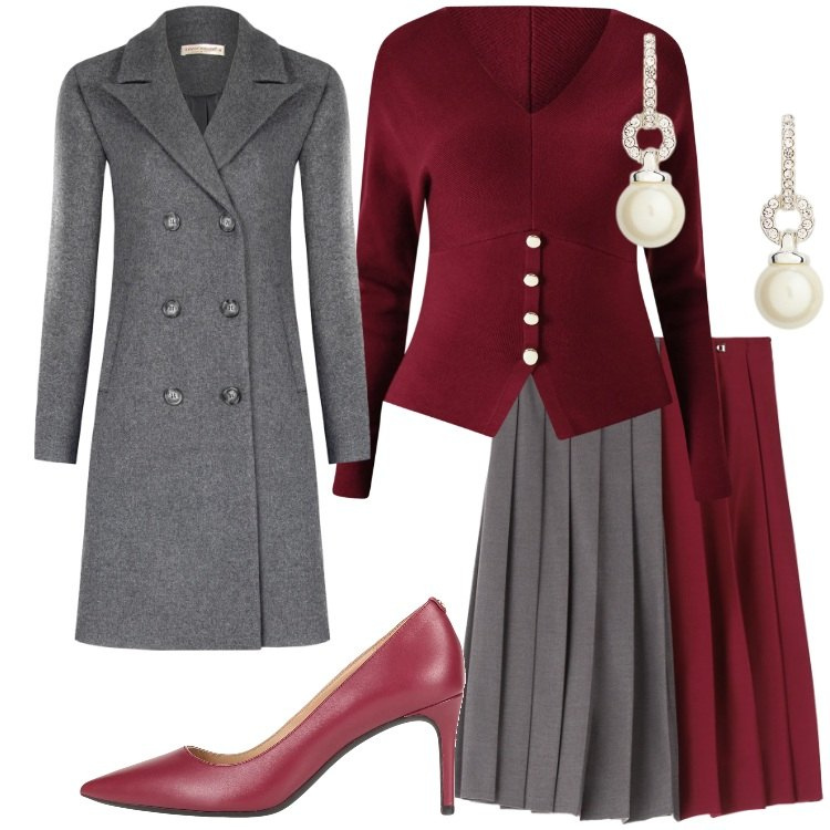 Outfit donna - Burgundy Love. Stile Romantica per Serata fuori. Abbinamento con décolleté, minigonne, maglieria, cappotti, orecchini.