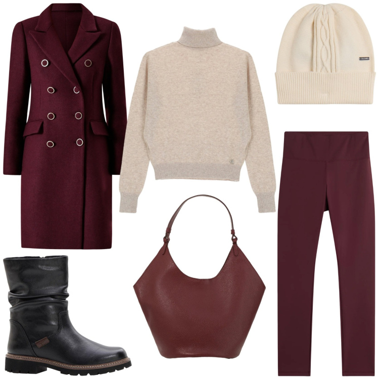 Outfit donna - Winter glam. Stile Casual chic per Tutti i giorni. Abbinamento con stivali, borse a spalla, maglieria, cappotti, berretti, leggings.