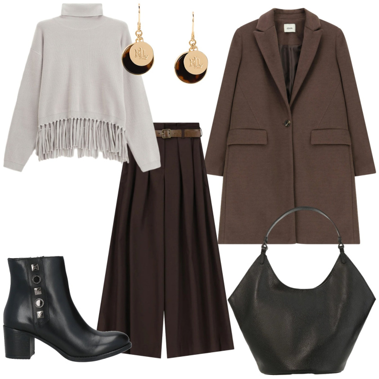 Outfit donna - Total look #2328990. Stile Casual chic per Tutti i giorni. Abbinamento con stivaletti, cappotti, pantaloni a palazzo, borse a spalla, maglieria, orecchini.