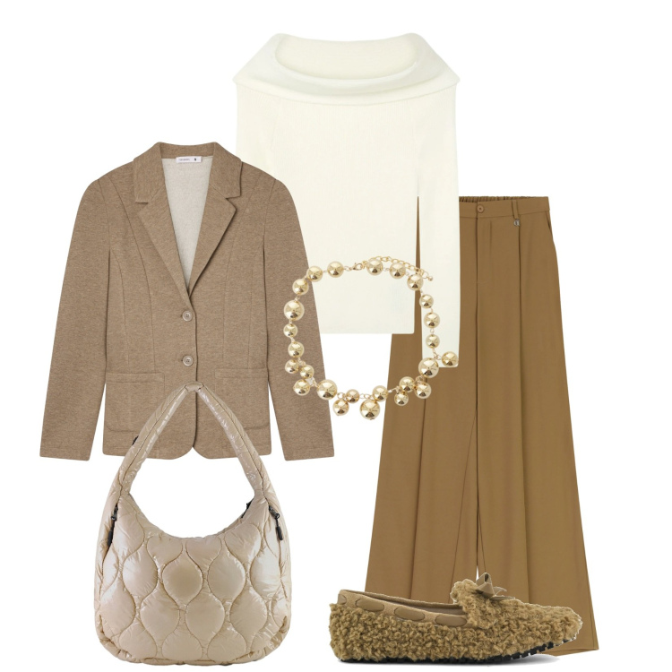 Outfit donna - Total look #2328998. Stile Casual chic per Ufficio. Abbinamento con maglieria, blazer, collane, pantaloni a palazzo, borse tote, mocassini.