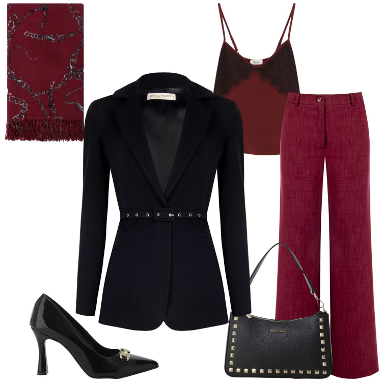 Outfit donna - Total look #2328999. Stile Chic per Serata fuori. Abbinamento con décolleté, pochette, pantaloni, blazer, top, sciarpe.