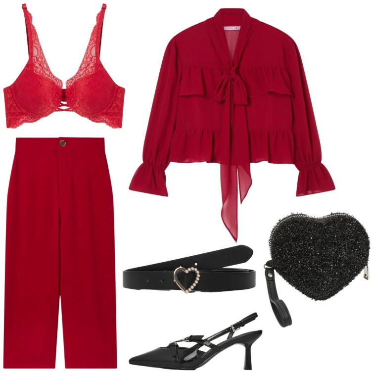 Outfit donna - Camicia romantica. Stile Romantica per Serata fuori. Abbinamento con pantaloni a palazzo, cinture, reggiseni, camicie, décolleté, portafogli.