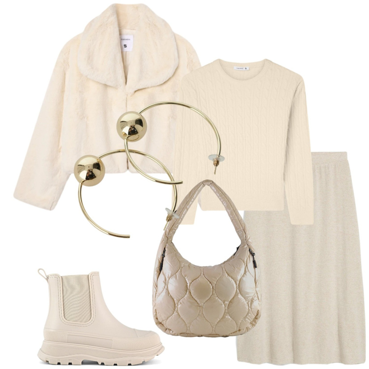 Outfit donna - Total look #2329009. Stile Chic per Tutti i giorni. Abbinamento con gonne longuette, orecchini, ecopellicce, maglieria, borse tote, stivali.