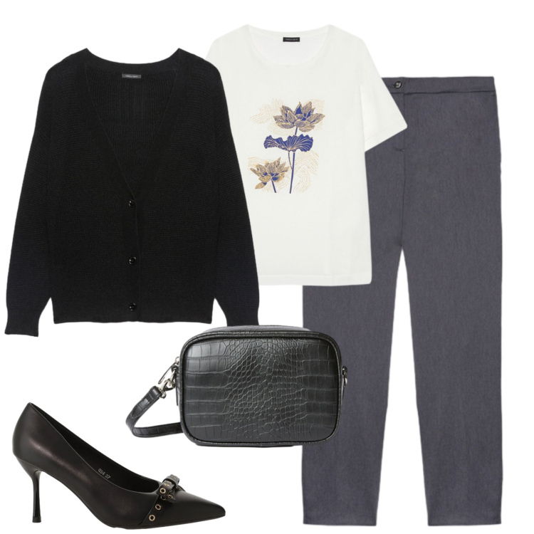 Outfit donna - Fiorella Rubino. Stile Urban per Tutti i giorni. Abbinamento con décolleté, pantaloni chino, borse a tracolla, t-shirt, cardigans.