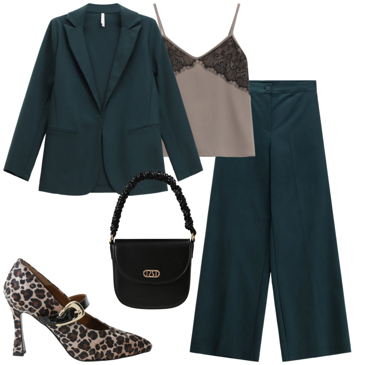 Outfit donna - Minimal chic. Stile Urban per Tutti i giorni. Abbinamento con pantaloni a palazzo, blazer, décolleté, top, borse a mano.