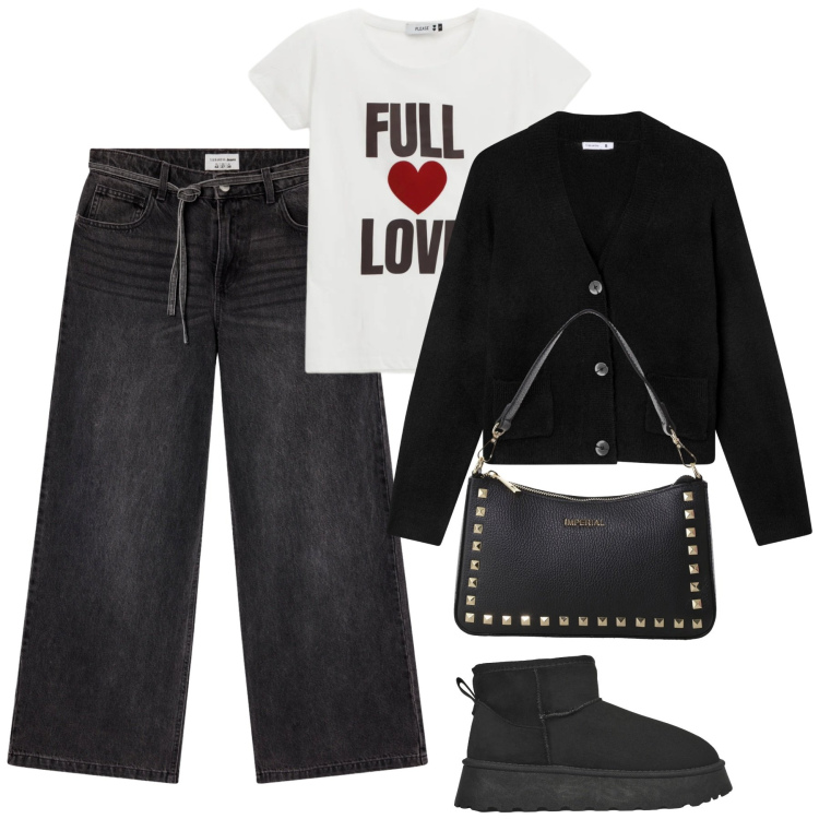 Outfit donna - Febbraio in jeans. Stile Casual per Tutti i giorni. Abbinamento con jeans, cardigans, stivaletti, t-shirt, pochette.
