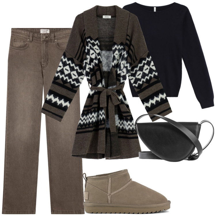 Outfit donna - Il cardigan fantasia. Stile Casual chic per Tutti i giorni. Abbinamento con borse a tracolla, jeans bootcut, maglieria, cappotti, stivali.