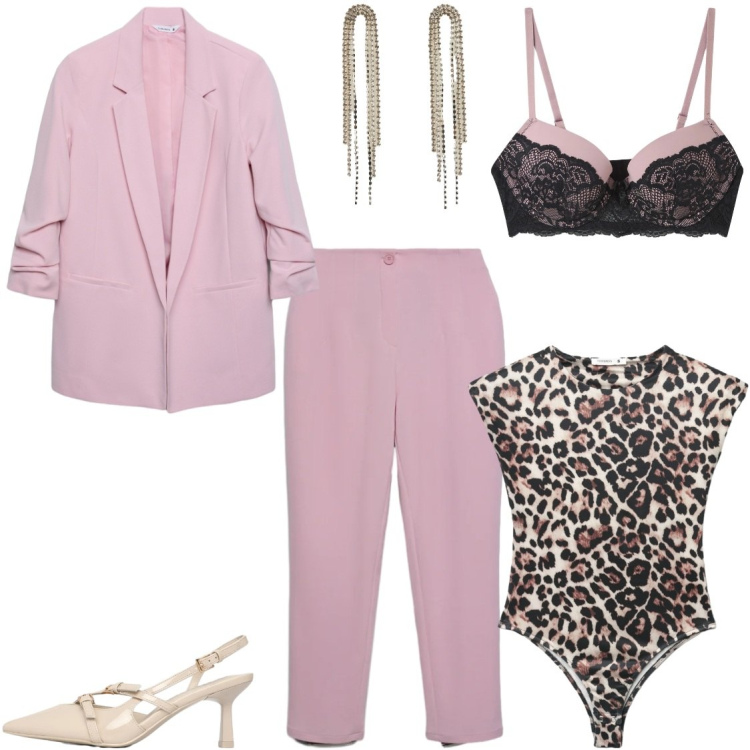 Outfit donna - Un dettaglio animalier. Stile Glamour per Serata fuori. Abbinamento con reggiseni push-up, orecchini, décolleté, top, pantaloni chino, blazer.
