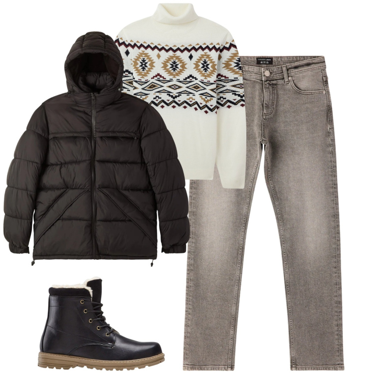 Outfit uomo - Freddo febbraio. Stile Urban per Tutti i giorni. Abbinamento con stivali e stivaletti, maglieria, bomber, jeans.